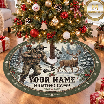 Maxcorners Hunting Bear Deer Forest Camp Personalized Name 3D Christmas Tree Skirt