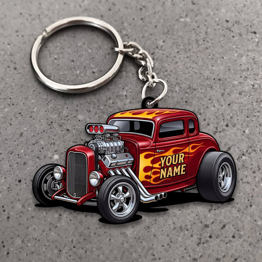 Maxcorners Hot Rod Red Vintage Coupe with Golden Flame Design Personalized Name 3D Keychain And Ornament
