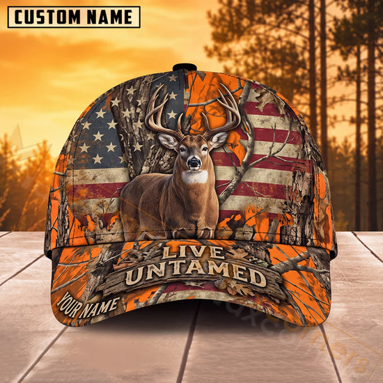Maxcorners Deer Hunting American Flag Live Untamed Personalized Name 3D Cap