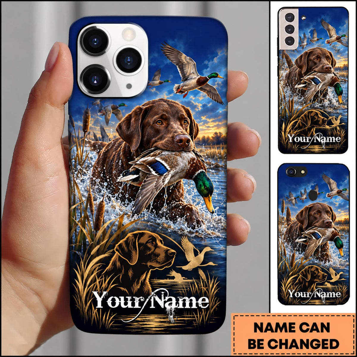 Maxcorners Duck Hunting German Shorthaired Pointer American Flag Marsh Adventure Personalized Name 3D Phone Case - Chocolate Labrador Retriever