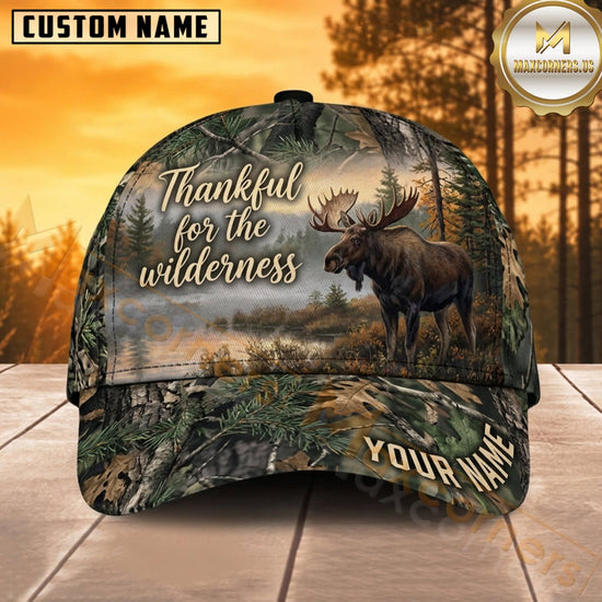 Maxcorners Moose Hunting Bull Moose Thankful for the Wilderness Forest Sunset Camo Customized Name 3D Cap