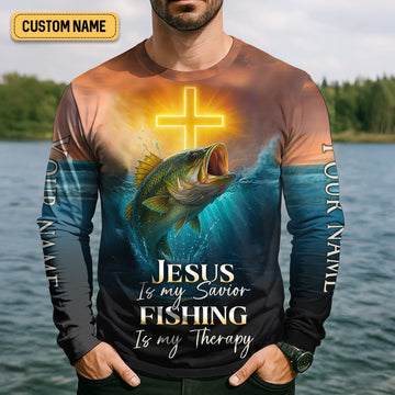 Maxcorners Jesus Is My Savior Fishing Is My Therapy SPF Shirts, Jesus Fishing Shirt, Fishing Shirts For Men