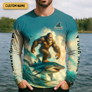 Maxcorners Bigfoot's New Ride Shark Surfing Fishing UPF Shirts, Funny Fishing Shirt, Presents For Fishermen