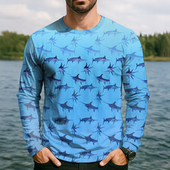Maxcorners Swordfish Pattern Blue Fishing Shirt, Cute Fishing Outfits, SPF Shirt For Men, Men's Fishing Shirt