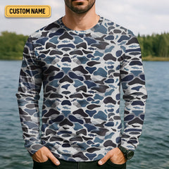 Maxcorners Blue Camo Performance Fishing Shirts, SPF Shirt For Men, Hooded Fishing Shirt, Fishing Shirts For Men