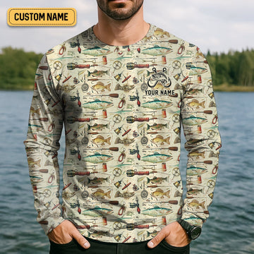 Maxcorners Fishing Gear Items SPF Long Sleeve Shirts, Custom Fishing Shirt, Men Long Sleeve Shirt