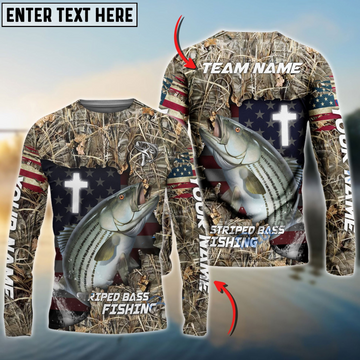Maxcorners Striped Bass Fishing Cross Camo Personalized Name, Team Name 3D Long Sleeve Shirt