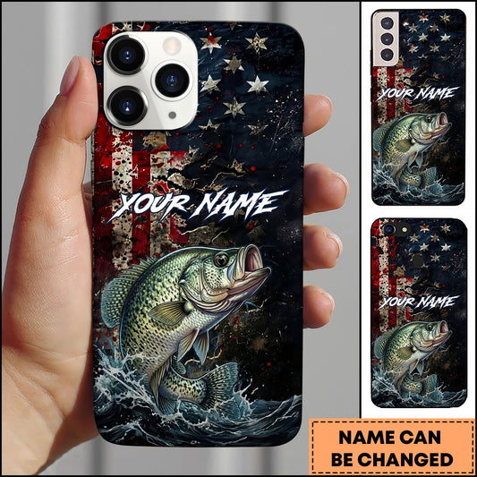 Maxcorners Fishing Phone Case Vintage USA Flag Grunge Wave Art Personalized Name Phone Case (8 Fish Species)