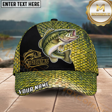 Maxcorners Fishing Gold Scale Black Panel Logo Personalized Name 3D Cap (12 Fish Species)