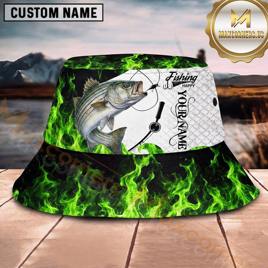 Maxcorners Fishing Vibrant Green Flame Fishing Action with Bold Graphic Personalized Name 3D Bucket Hat (13 Fish Species)