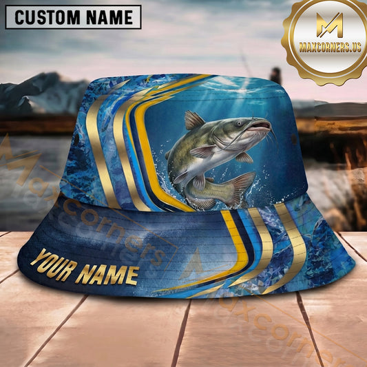 Maxcorners Fishing Blue Gold Wave Personalized Name 3D Bucket Hat (12 Fish Species)