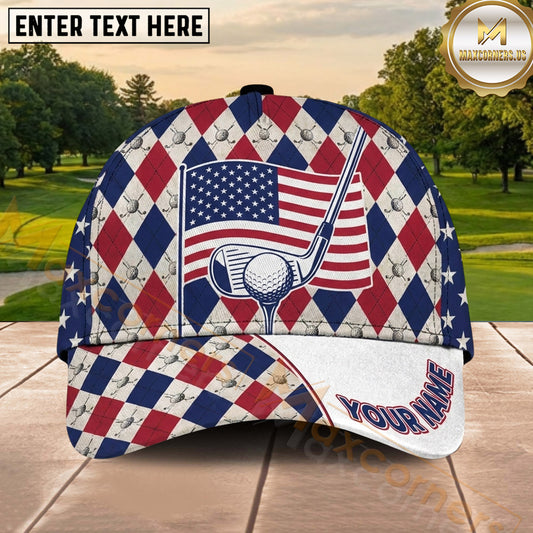 Maxcorners Golf American Flag Club and Ball Argyle Pattern Personalized Name 3D Classic Cap