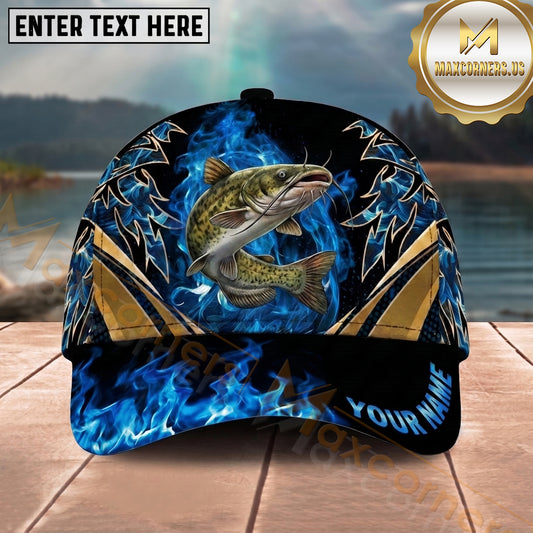 Maxcorners Fishing Blue Flame Gold Accent Personalized Name 3D Shirt (13 Fish Species)