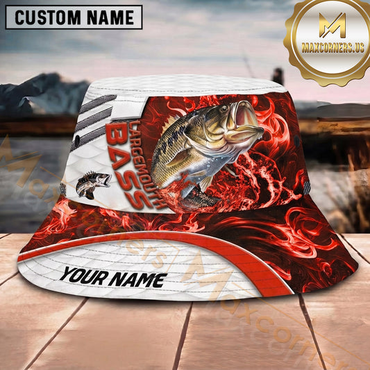 Maxcorners Fishing Red Flame Personalized Name 3D Bucket Hat (12 Fish Species)
