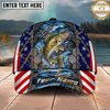 Maxcorners Fishing American Flag Metal Chain Personalized Name 3D Cap (12 Fish Species)