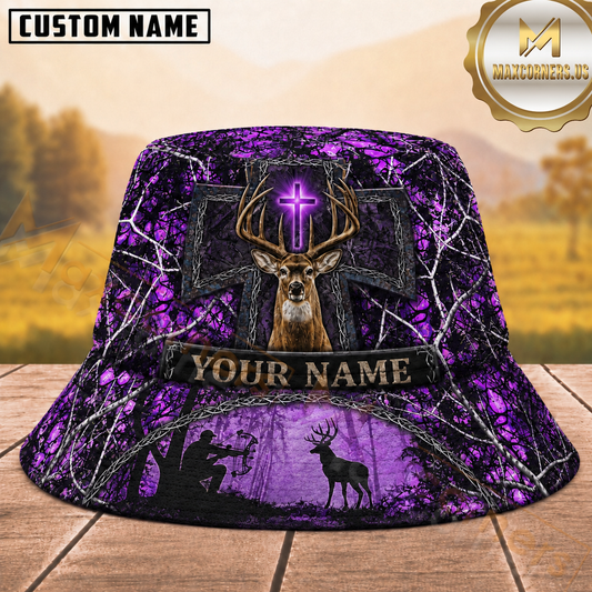 Maxcorners Deer Hunting Purple Cross Forest Camouflage Personalized Name 3D Bucket Hat