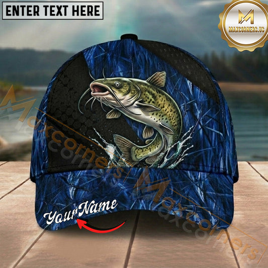 Maxcorners Catfish Blue Camo Splash Personalized Name 3D Cap (12 Fish Species)