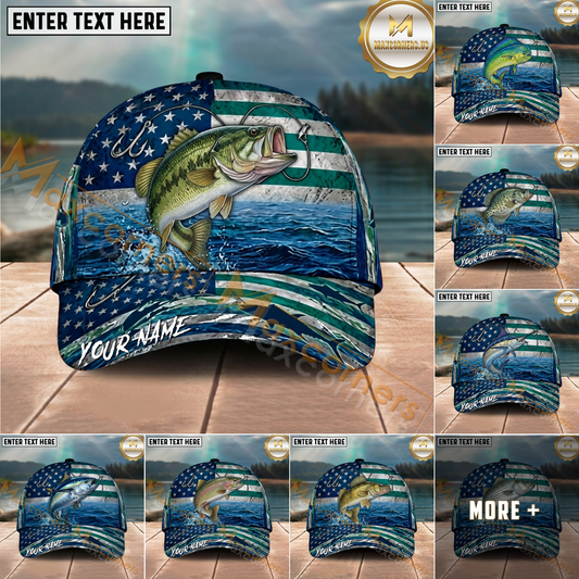 Maxcorners Fishing Vintage Blue Green American Flag Personalized Name 3D Cap (12 Fish Species)