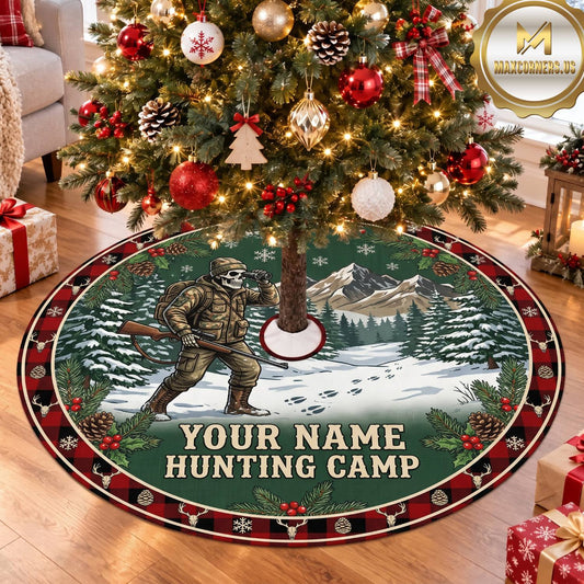 Maxcorners Hunting Deer Hunting Season Red Plaid Personalized Name 3D Christmas Tree Skirt