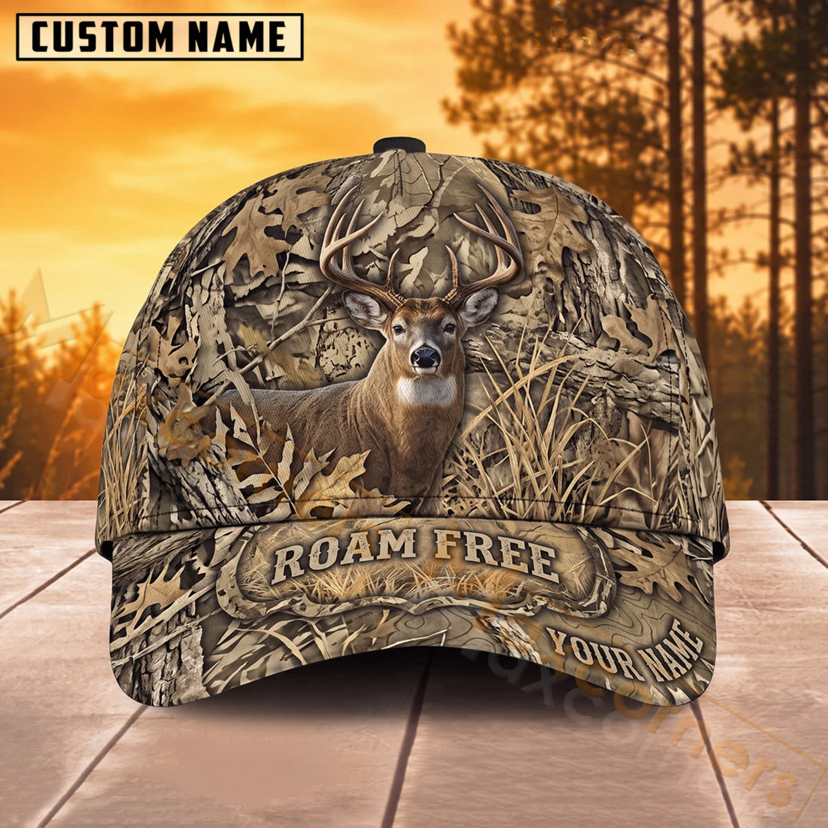 Maxcorners Deer Hunting Woodland Camo Roam Free Personalized Name 3D Cap