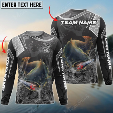 Maxcorners Catfish Fishing Gray Camo Sport Personalized Name, Team Name 3D Long Sleeve Shirt