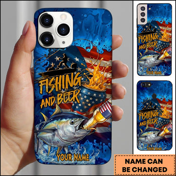 Maxcorners Tuna Fishing Phone Case Fishing And Beer American Flag Personalized Name 3D Phone Case