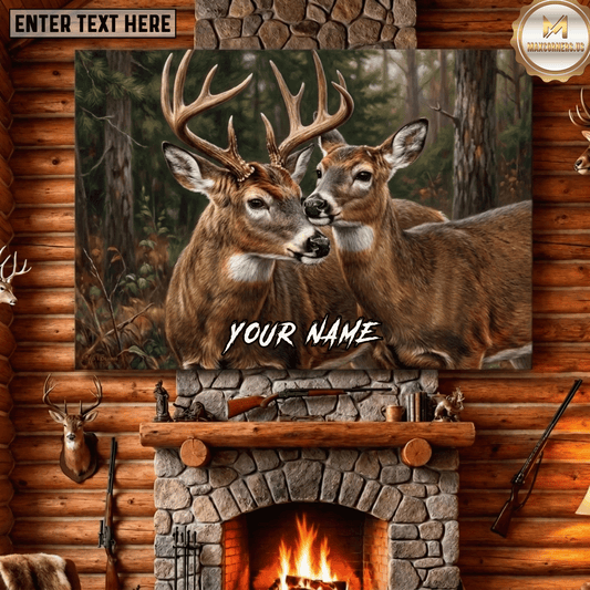 Maxcorners Deer Hunting Buck And Doe Couple Nuzzling Forest Wildlife Romance Scene Canvas Wall Art