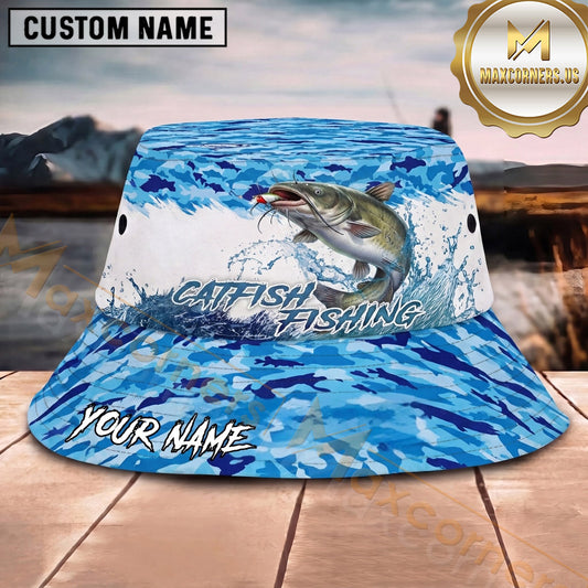 Maxcorners Fishing Blue Camouflage Water Splash Personalized 3D Bucket Hat (13 Fish Species)