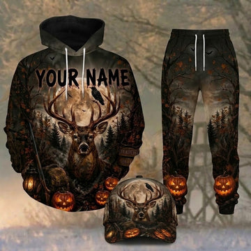 Maxcorners Hunting Halloween Deer Hunter Brown Forest Personalized 3D Combo Hoodie, Sweatpants Set & Cap