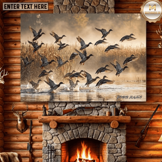 Maxcorners Duck Hunting Flock Mallard Ducks Taking Off Misty Wetlands Sunrise Canvas Wall Art