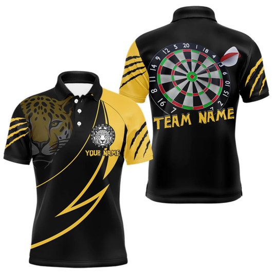 Maxcorners Men's Custom Darts Shirt - Yellow Panther With Dartboard & Arrow | Personalized Name LM2404