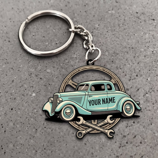 Maxcorners Classic Car Mint Green Vintage Beetle with Crossed Wrenches Personalized Name 3D Keychain And Ornament