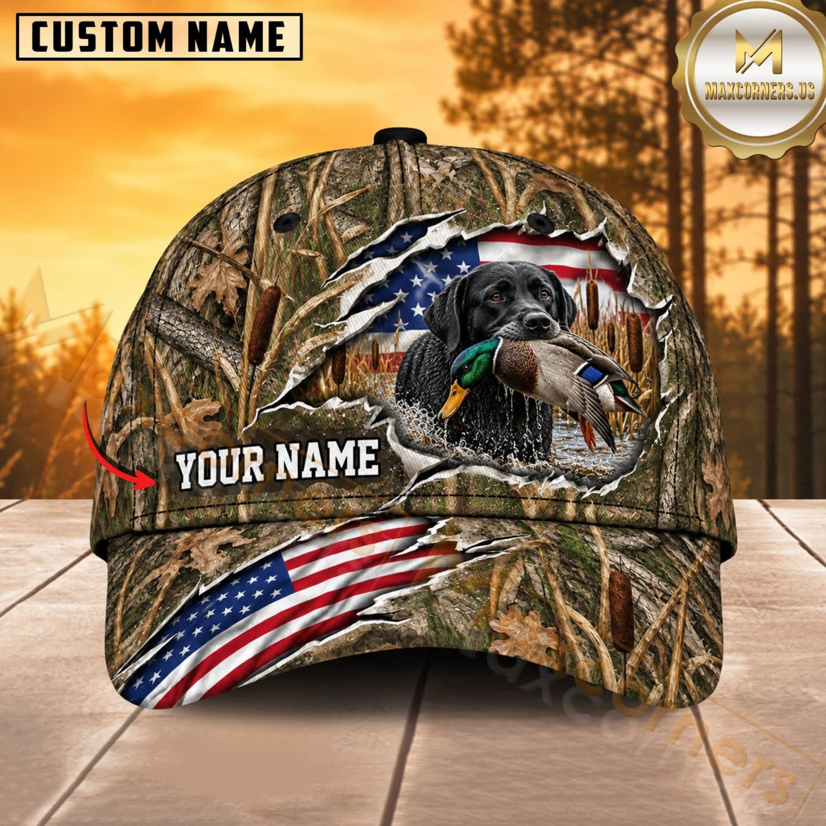 Maxcorners Dog Hunting And Duck Woodland Camo Torn American Flag Personalized Name 3D Cap