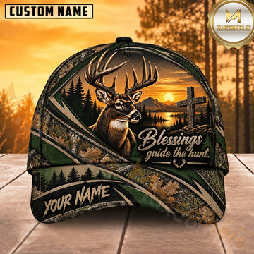 Maxcorners Deer Hunting Whitetail Buck Blessings Guide the Hunt Forest Green Camo Customized Name 3D Cap