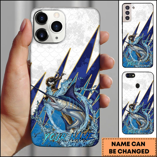 Maxcorners Marlin Fishing Phone Case Jumping Water Splash Blue Lightning Scale Pattern Personalized Name Phone Case