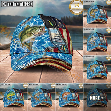 Maxcorners Fishing Ripped American Flag Boat Lure Personalized Name 3D Cap (12 Fish Species)