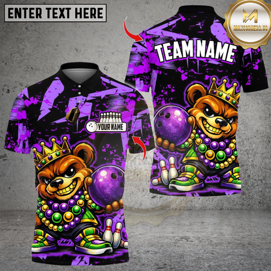 Maxcorners Bowling King Mardi Gras Teddy Bear Multicolor Customized Name, Team Name 3D Shirts