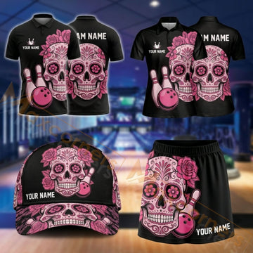 Maxcorners Bowling Sugar Skull And Bowling Ball Design Personalized Team Sportswear Set - Polo Shirt, Cap & Skorts