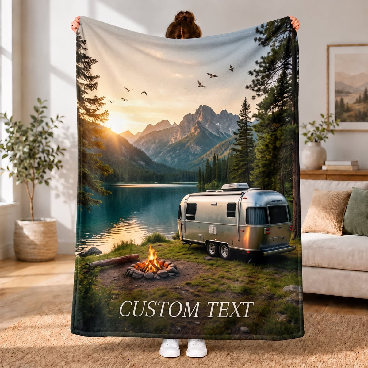 Maxcorners RVs Travel Trailer Mountain Lake Sunrise Custom Name 3D Blanket