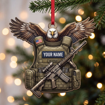 Maxcorners Veteran American Eagle Tactical Vest And Rifle Personalized Name 3D Keychain And Ornament