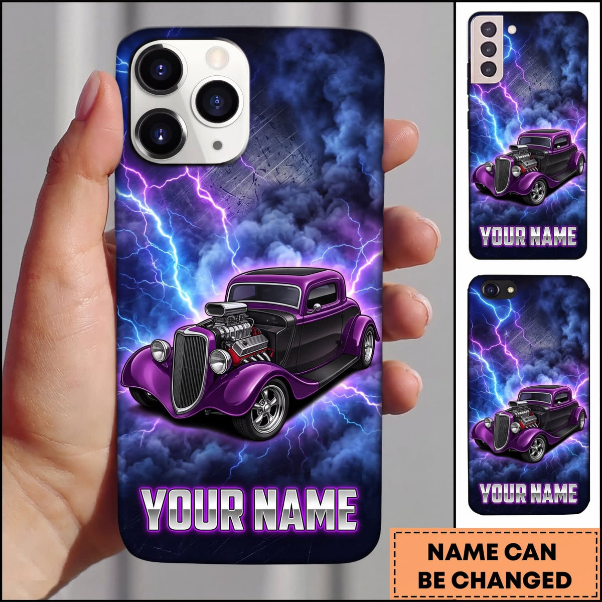 Maxcorners Hot Rod Purple Classic Car with Electric Lightning and Neon Glow Personalized Name 3D Phone Case