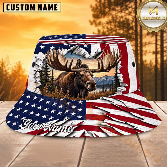 Maxcorners Moose Hunting Patriotic American Flag Personalized Name 3D Bucket Hat