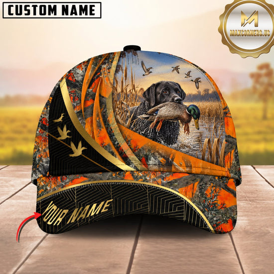 Maxcorners Dog Hunting And Duck Orange Camo Curved Stripe Marsh Hunting Scene Multiple Options Personalized Name 3D Cap