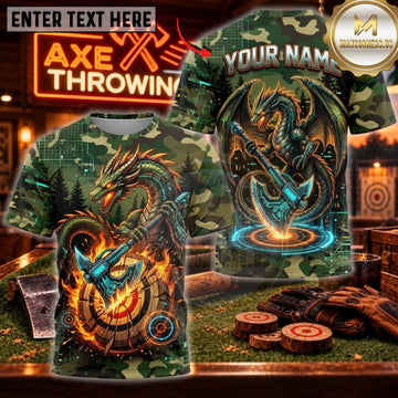 Maxcorners Axe Throwing Fantasy Dragon Fire Target Personalized Name 3D Unisex Shirt