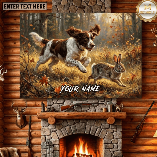 Maxcorners Rabbit Hunting Springer Spaniel Chasing Rabbit Autumn Field Wildlife Scene Canvas Wall Art