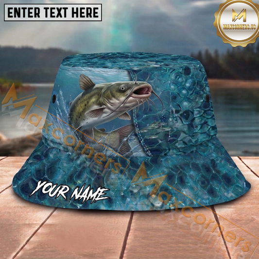 Maxcorners Fishing Aqua Water Scale Personalized Name 3D Bucket Hat (12 Fish Species)