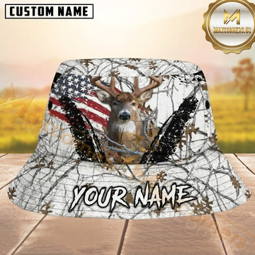 Maxcorners Deer Hunting Snow Camo American Flag & Distressed Elements Personalized Name 3D Bucket Hat