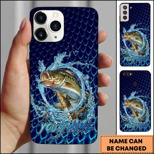 Maxcorners Fishing Phone Case Water Ring Splash Dark Blue Scale Background Personalized Name Phone Case (8 Fish Species)
