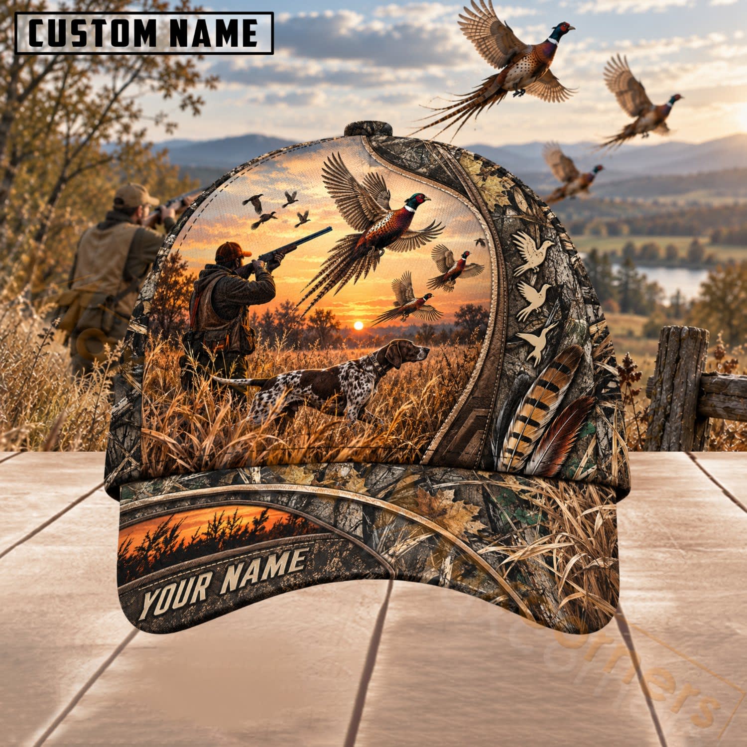 Maxcorners Upland Bird Hunting Woodland Sunset Pheasant Personalized Name 3D Cap