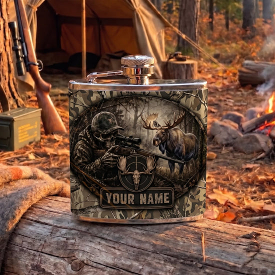 Maxcorners Hunting Deer Hunter Rustic Woodland Scene Personalized Name 3D Hip Flask